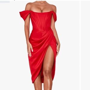 House of CB “Loretta” Red Off-Shoulder Midi Dress